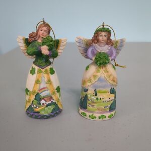 Set Of 2 Irish Angels Celtic Heartwood Creek Style County Scene Skirts Handpaint